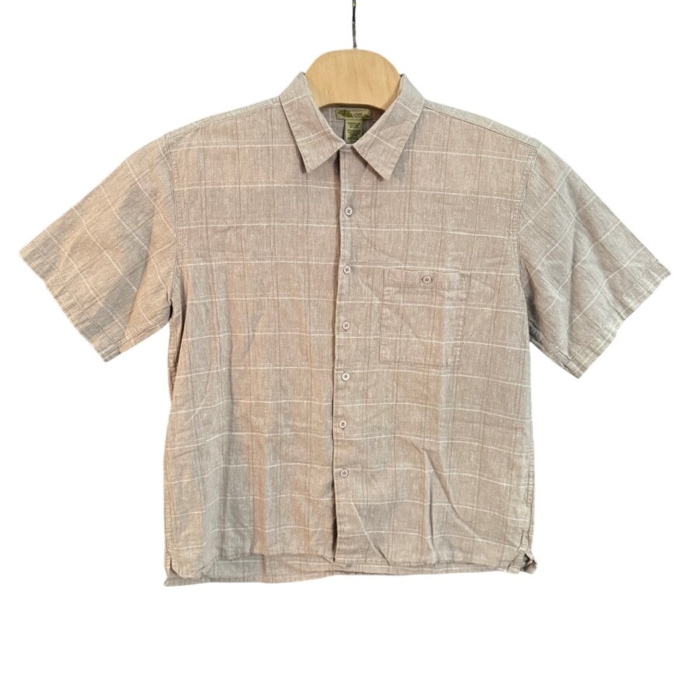Islander Mens XL Tan Windowpane Plaid Linen Blend Short Sleeve Button Down Shirt